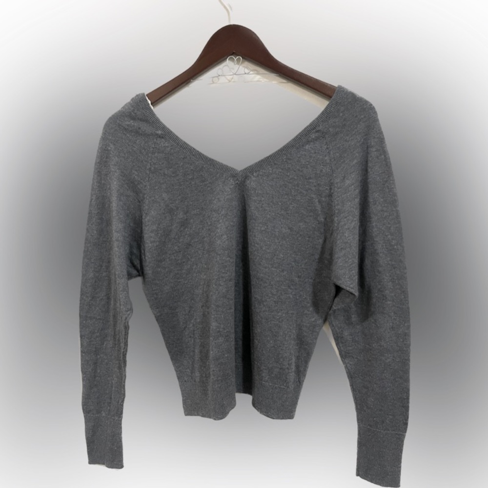 Zara gray sweater with cream lace trim at neckline